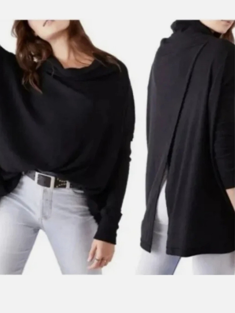 Free People Juicy Long-Sleeve Waffle Print Tunic Top In Black Size Large